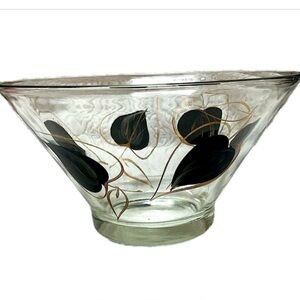 Vintage Anchor Hocking large glass chip bowl, hand painted black & gold leaf